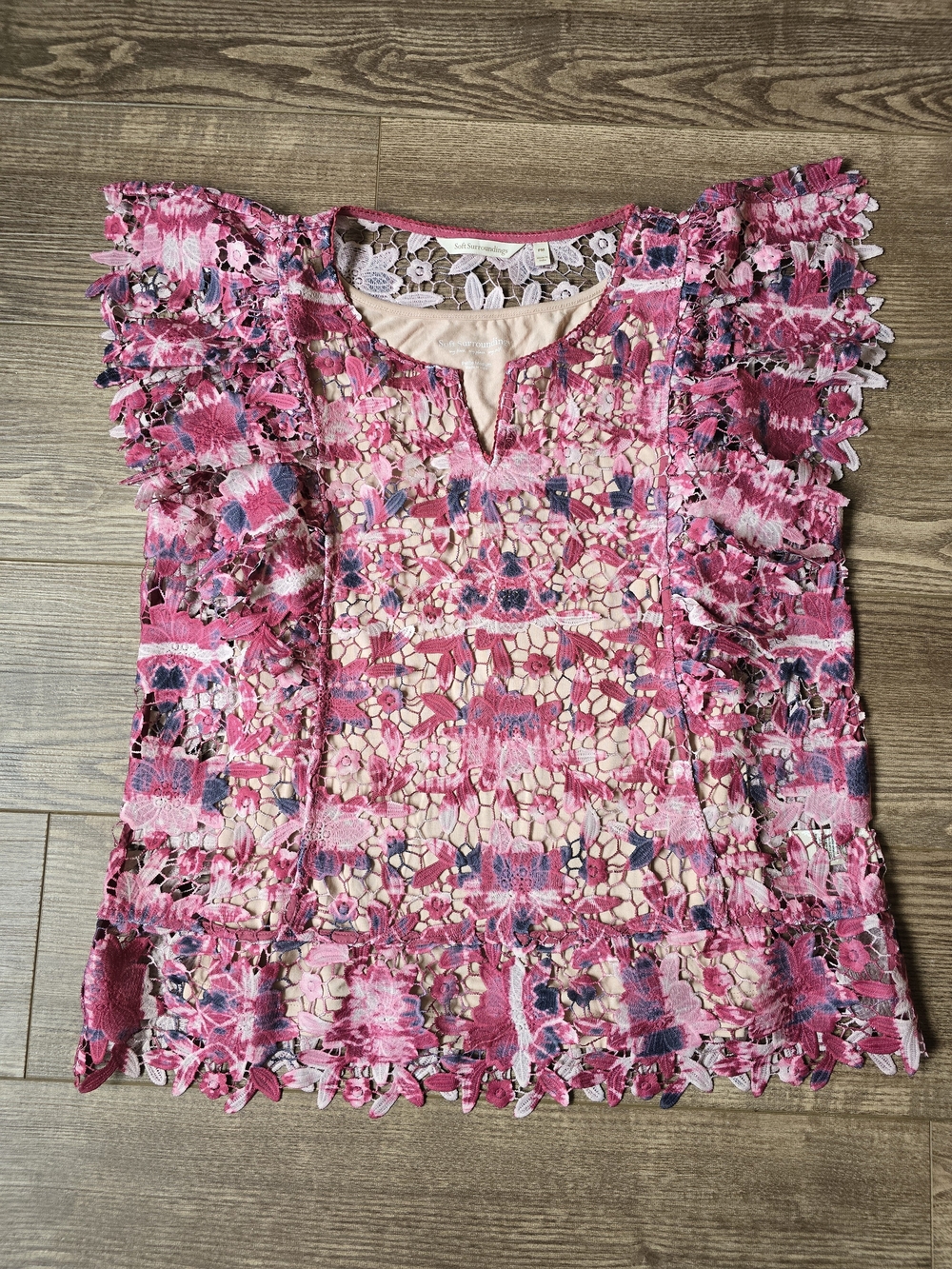 Soft Surroundings Shirt Womens MP Pink Lace Top Lined Floral Flutter Sleeve Boho